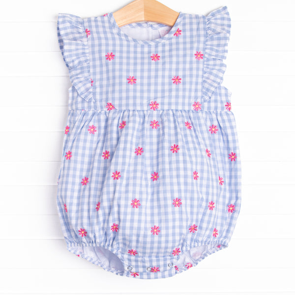 Gerbera Daisy Gingham Embroidered Bubble, Blue