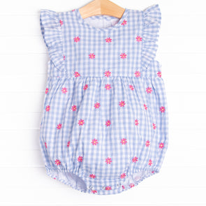 Gerbera Daisy Gingham Embroidered Bubble, Blue