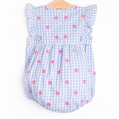 Gerbera Daisy Gingham Embroidered Bubble, Blue