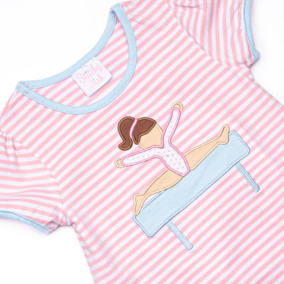 Balance Beam Applique Dress, Blue and Pink Stripe