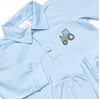 Tilling Tractor French Knot Embroidered Romper, Blue