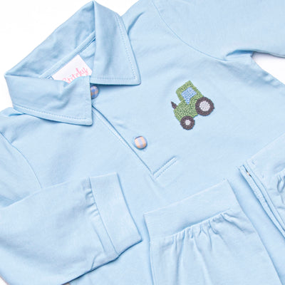Tilling Tractor French Knot Embroidered Romper, Blue