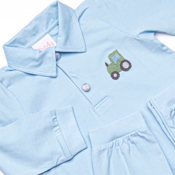 Tilling Tractor French Knot Embroidered Romper, Blue