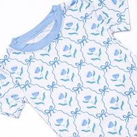 Blue Geranium Bows Bamboo Pajama Short Set, Blue