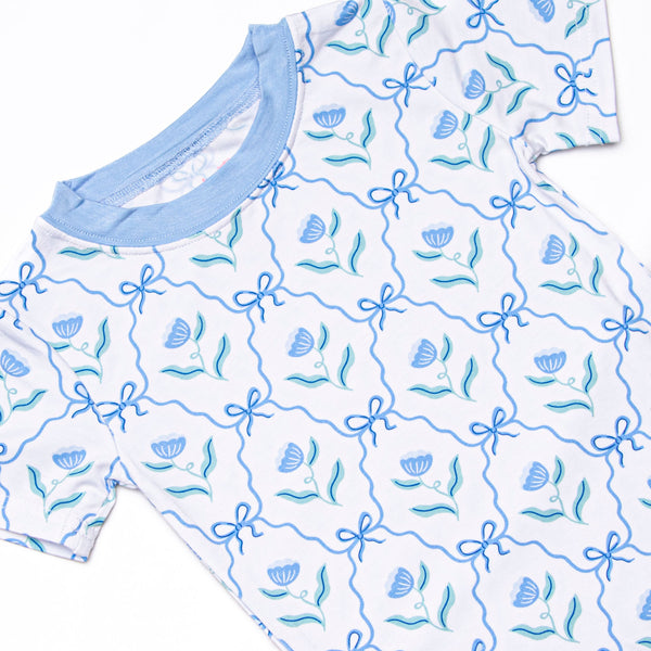 Blue Geranium Bows Bamboo Pajama Short Set, Blue
