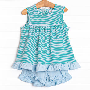 Elle Ruffle Short Set, Teal Stripe