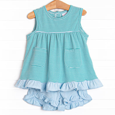 Elle Ruffle Short Set, Teal Stripe