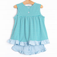 Elle Ruffle Short Set, Teal Stripe