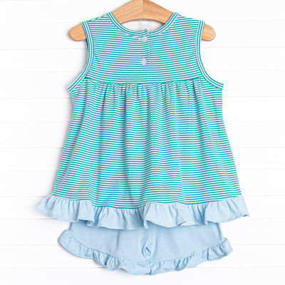 Elle Ruffle Short Set, Teal Stripe
