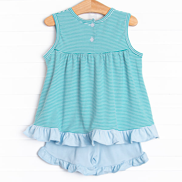 Elle Ruffle Short Set, Teal Stripe