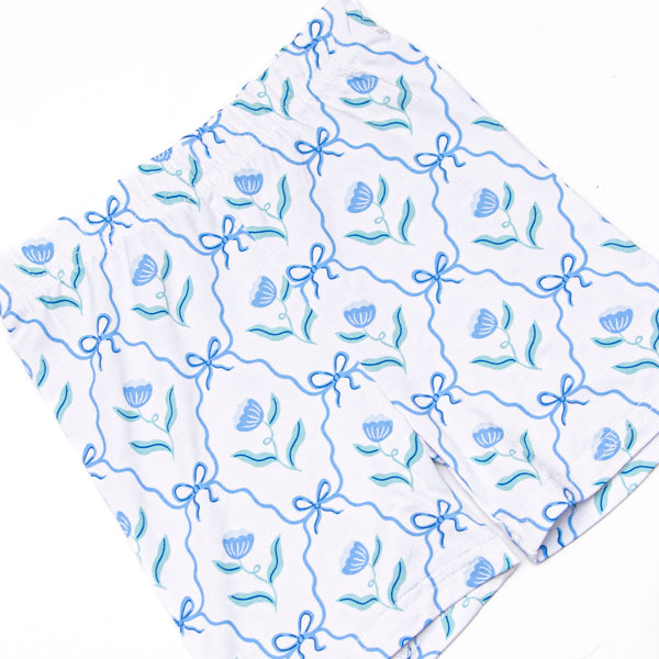 Blue Geranium Bows Bamboo Pajama Short Set, Blue