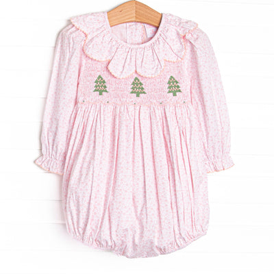  This bubble features pink floral print, scalloped collar, and a trio of christmas tree smockings. 