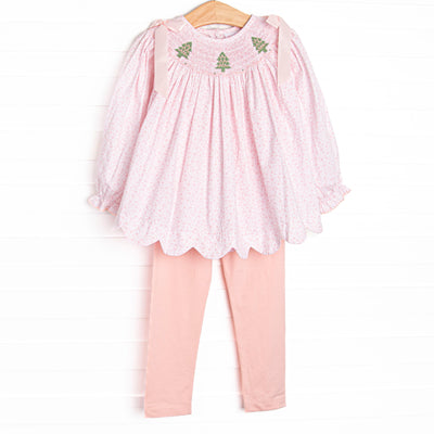 This set features pink floral print, pink bows, and a trio of christmas tree smockings. Coordinating pink leggings to match.