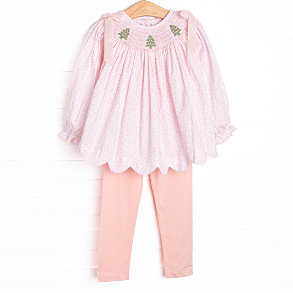This set features pink floral print, pink bows, and a trio of christmas tree smockings. Coordinating pink leggings to match.