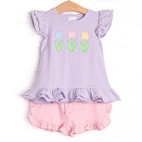 Spring Blooms Applique Short Set, Purple Stripe