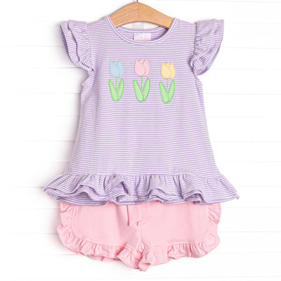Spring Blooms Applique Short Set, Purple Stripe