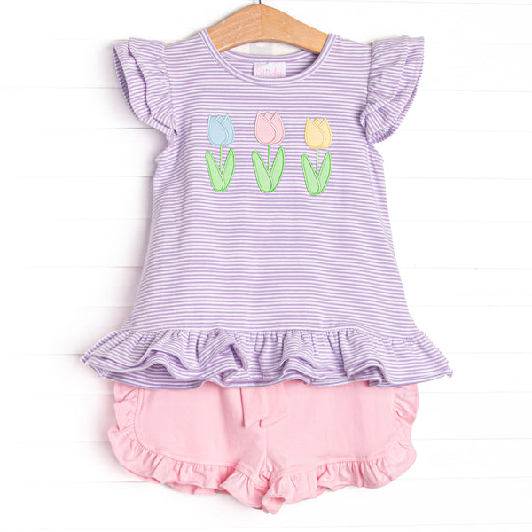 Spring Blooms Applique Short Set, Purple Stripe