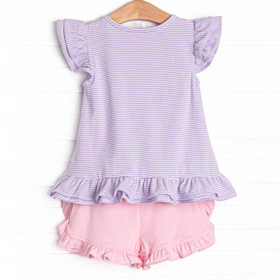 Spring Blooms Applique Short Set, Purple Stripe