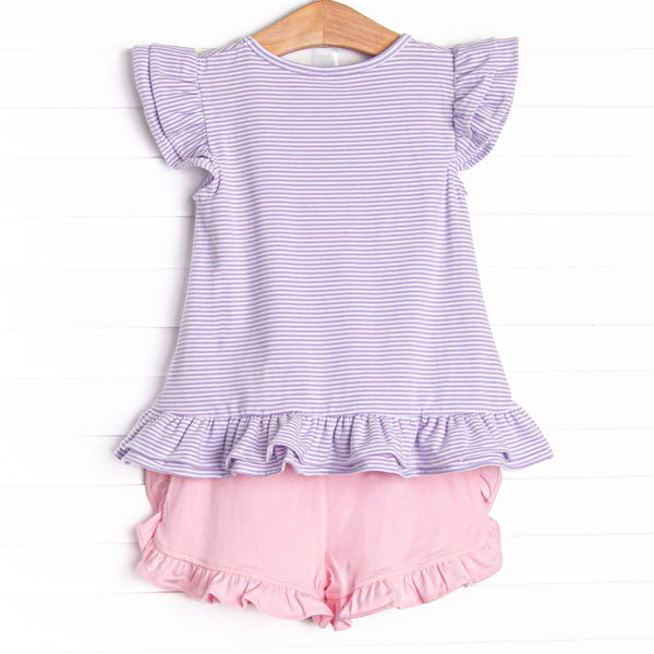 Spring Blooms Applique Short Set, Purple Stripe