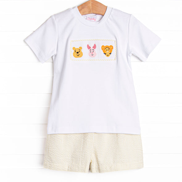 Fun Friends Smocked Short Set, Yellow Seersucker
