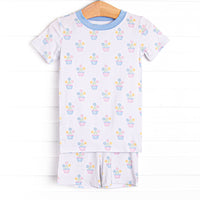 Potted Petals Bamboo Pajama Short Set, Blue
