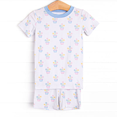 Potted Petals Bamboo Pajama Short Set, Blue