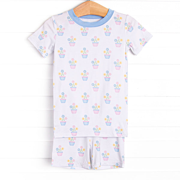 Potted Petals Bamboo Pajama Short Set, Blue