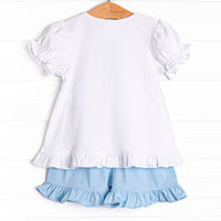 Enchanted Gowns Applique Ruffle Short Set, Blue
