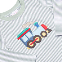 Steam Engine Applique Pant Set, Green Stripe