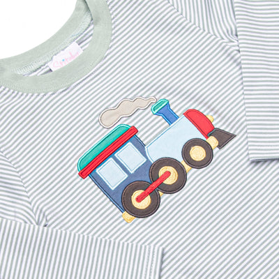 Steam Engine Applique Pant Set, Green Stripe