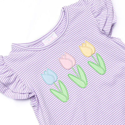 Spring Blooms Applique Short Set, Purple Stripe