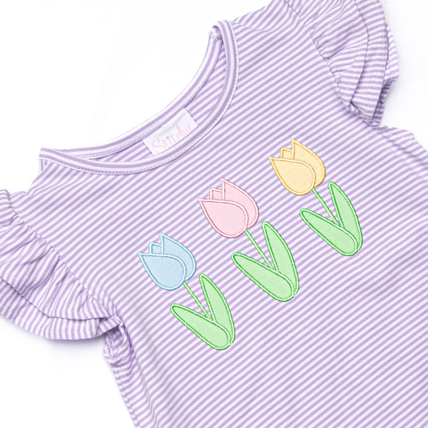 Spring Blooms Applique Short Set, Purple Stripe