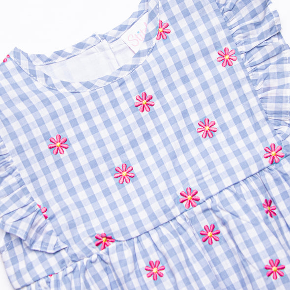 Gerbera Daisy Gingham Embroidered Bubble, Blue