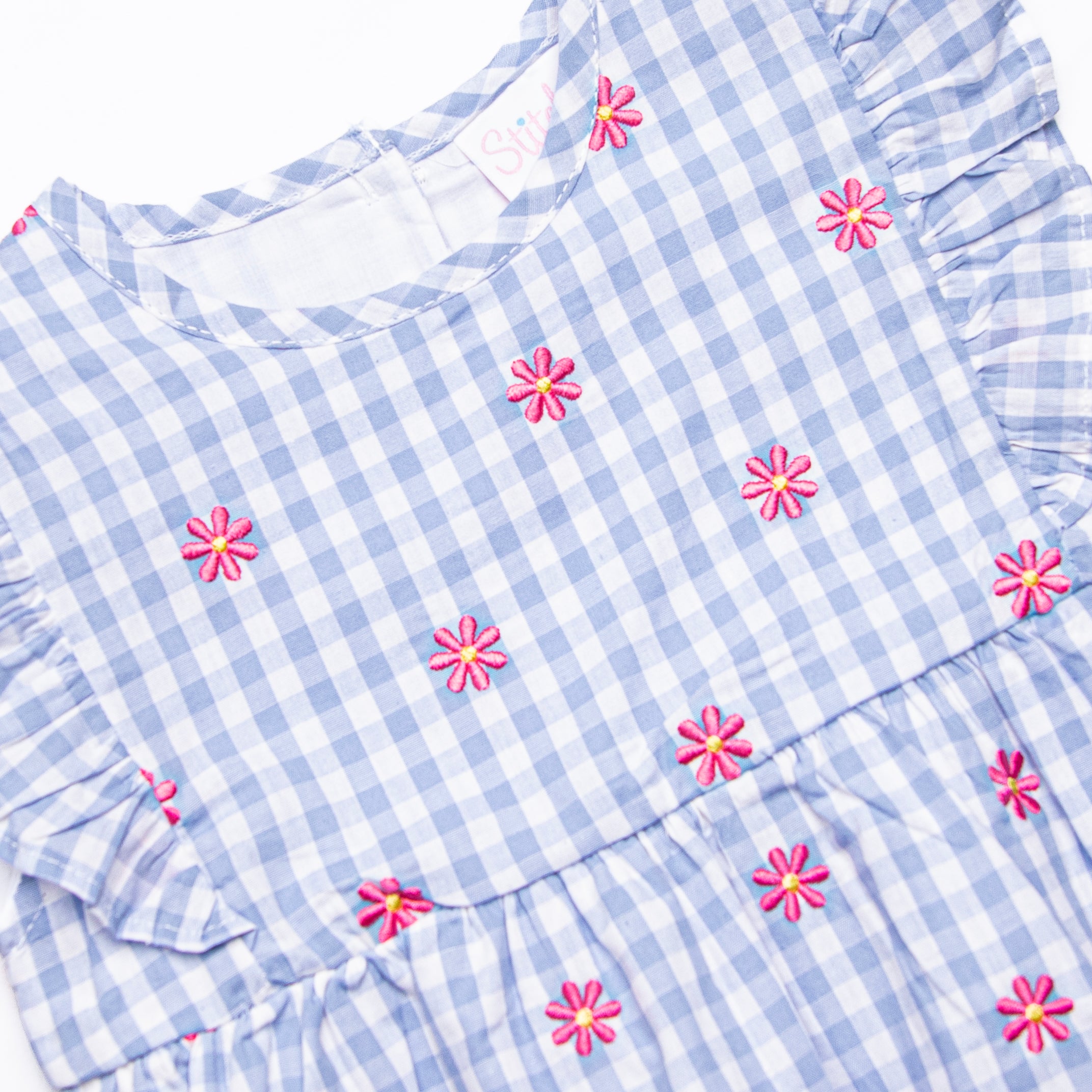 Gerbera Daisy Gingham Embroidered Dress, Blue Stitchy Fish Gerbera Daisy Gingham Embroidered Dress, Blue Stitchy Fish