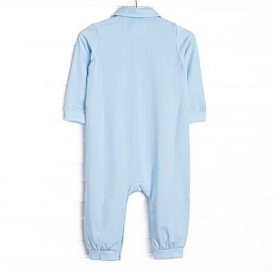 Tilling Tractor French Knot Embroidered Romper, Blue