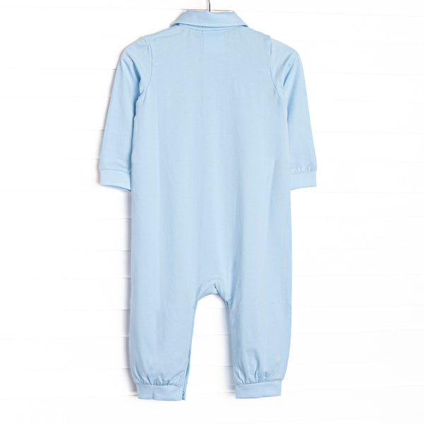 Tilling Tractor French Knot Embroidered Romper, Blue