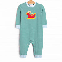 This romper features a green striped print, snaps on the stride, and a puppy santa sleigh applique.