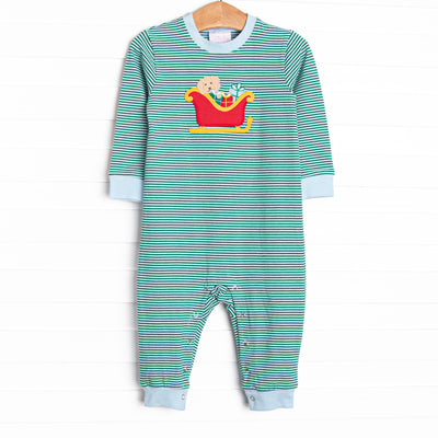 This romper features a green striped print, snaps on the stride, and a puppy santa sleigh applique.