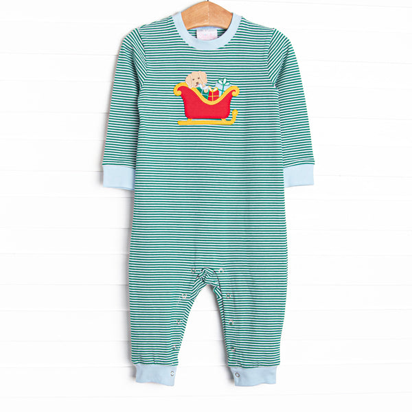 This romper features a green striped print, snaps on the stride, and a puppy santa sleigh applique.