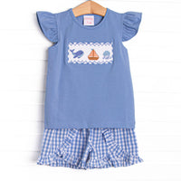 Seafarer Sails Smocked Ruffle Short Set, Blue