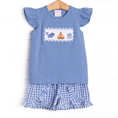 Seafarer Sails Smocked Ruffle Short Set, Blue