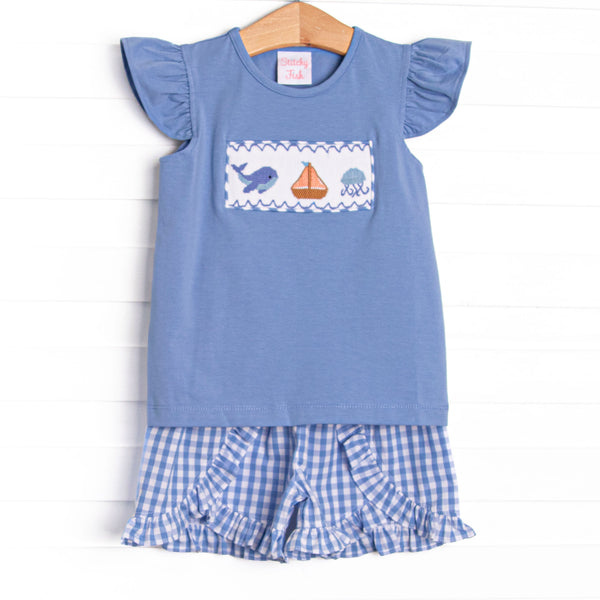 Seafarer Sails Smocked Ruffle Short Set, Blue