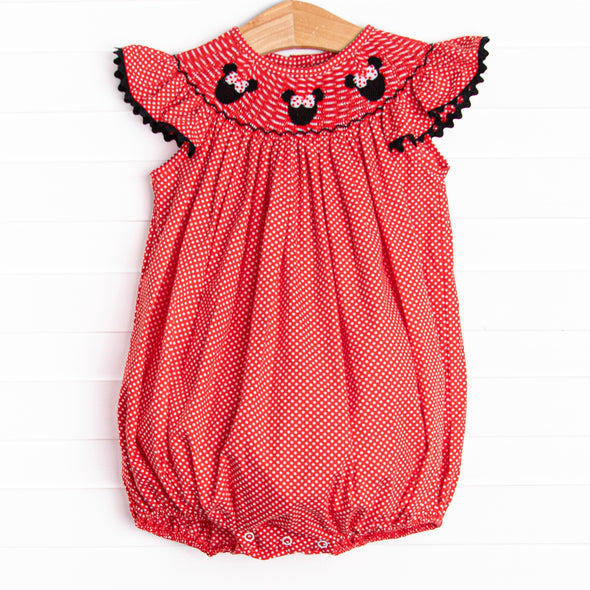 Miss Mouse Smocked Ruffle Bubble, Red