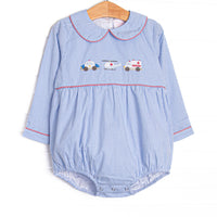 This bubble features blue gingham fabric, first responder trio applique, and red gingham piping.
