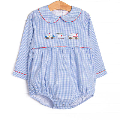 This bubble features blue gingham fabric, first responder trio applique, and red gingham piping.