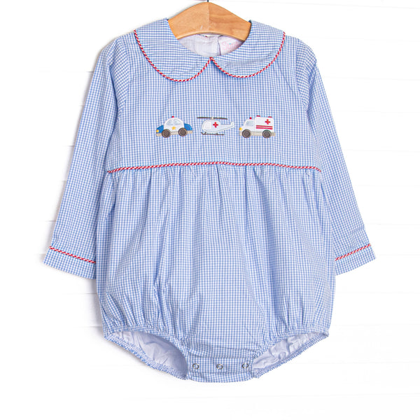This bubble features blue gingham fabric, first responder trio applique, and red gingham piping.