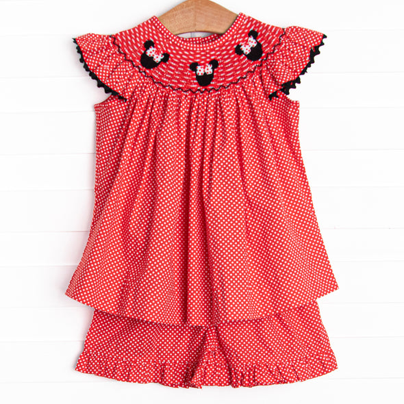 Miss Mouse Smocked Ruffle Short Set, Red