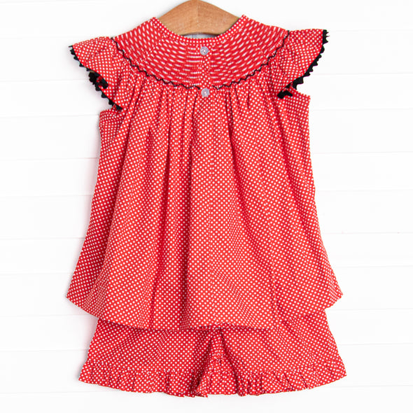 Miss Mouse Smocked Ruffle Short Set, Red
