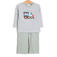 This set features sage striped knit material, a steam engine applique, and long sleeves. Coordinating sage pants to match.