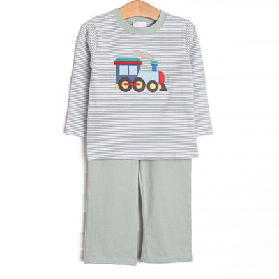 This set features sage striped knit material, a steam engine applique, and long sleeves. Coordinating sage pants to match.